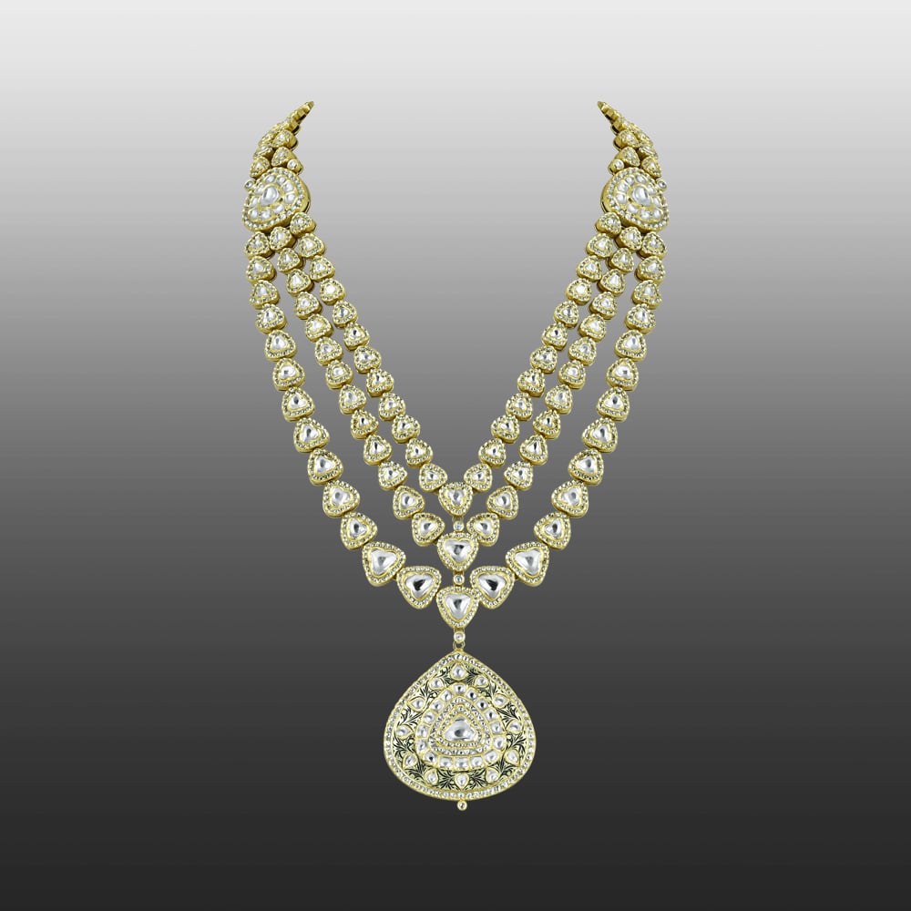 Layered Bridal Polki Necklace with Intricate Pendant